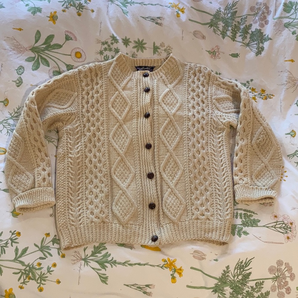Cardigan- Pure undyed ivory Irish wool, hand knit in Dungloe, Ireland. Size 40
